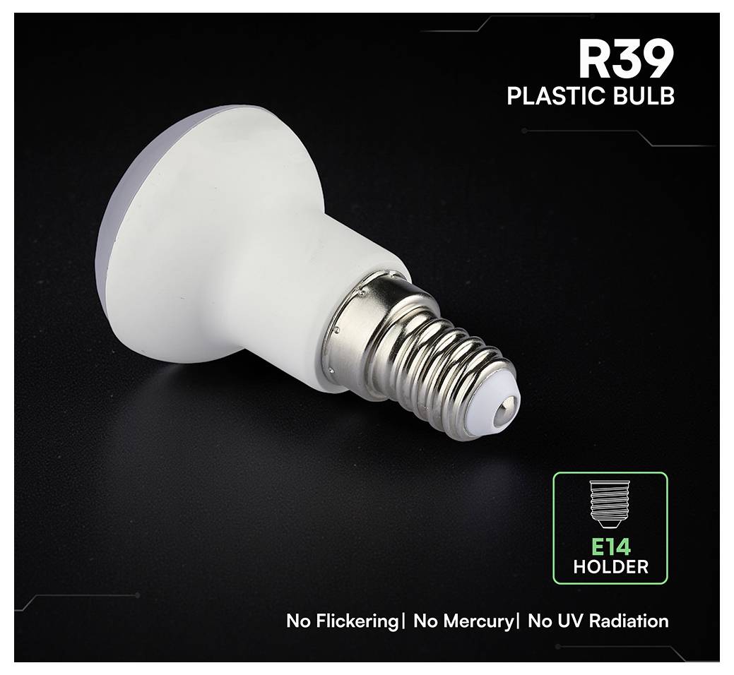 Produktbild einer R39-Kunststofflampe mit E14-Fassung; Text lautet „Kein Flimmern | Kein Quecksilber | Keine UV-Strahlung