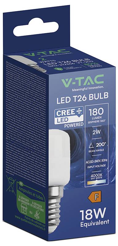 V-TAC LED T26 Glühbirnenschachtverpackung mit einer 2W CREE LED-Glühbirne, 180 Lumen, 4000K Tageslicht, 200° Abstrahlwinkel und 18W-Äquivalent.