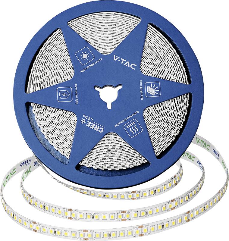 Blaue Spule mit VTAC CREE LED-Streifenbeleuchtung mit aufgewickeltem flexiblem Lichtstreifen darauf auf weißem Hintergrund.