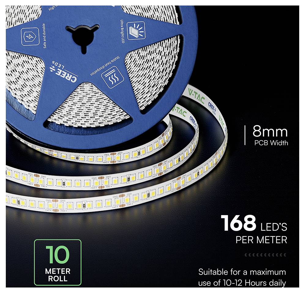 Blaue Spule mit LED-Streifen auf schwarzem Hintergrund, gekennzeichnet mit 8mm PCB-Breite, 168 LEDs pro Meter und 10-Meter-Rolle; geeignet für tägliche Nutzung von 10-12 Stunden.