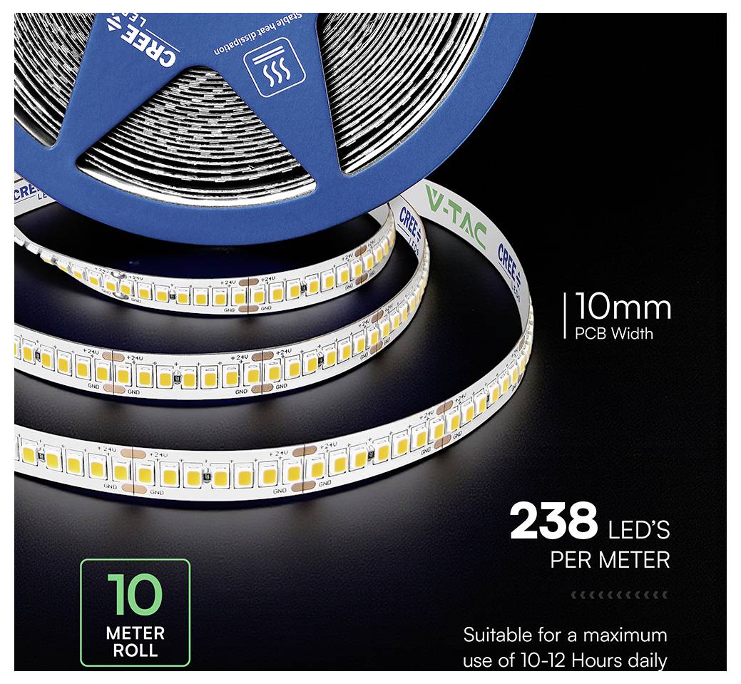 Produktbild einer LED-Streifenleuchte auf einer Rolle mit der Aufschrift „10 mm PCB-Breite