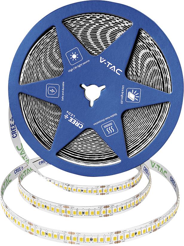 Blaue Spule mit VTAC LED-Streifenlicht mit aufgewickelten flexiblen Leuchtstreifen und sichtbaren LED-Chips auf weißem Hintergrund.