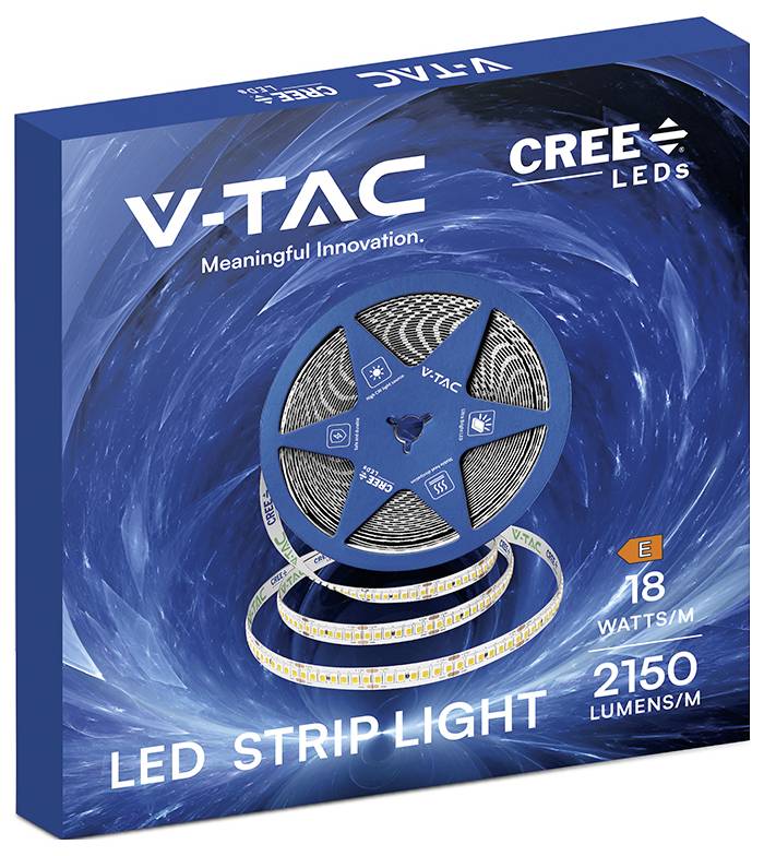 Karton mit CREE LEDs V-TAC LED-Streifenlicht, zeigt eine Spule mit blau-weißer Streifenbeleuchtung mit „18 WATT/M