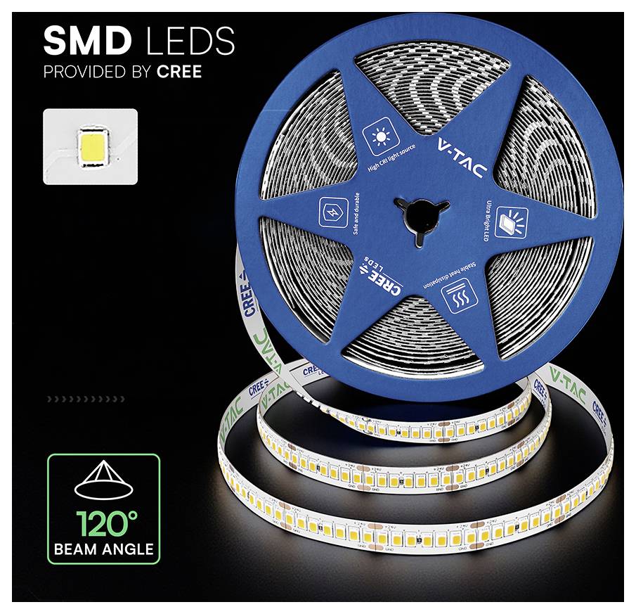 Produktabbildung einer V-TAC LED-Streifen-Rolle mit SMD-LEDs von Cree und einem 120°-Abstrahlwinkel-Badge auf schwarzem Hintergrund.