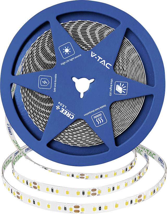 Blaue Spule mit V-TAC LED-Streifenlichtern mit der aufgerollten Lichtleiste, die teilweise abgewickelt vor ihr liegt.