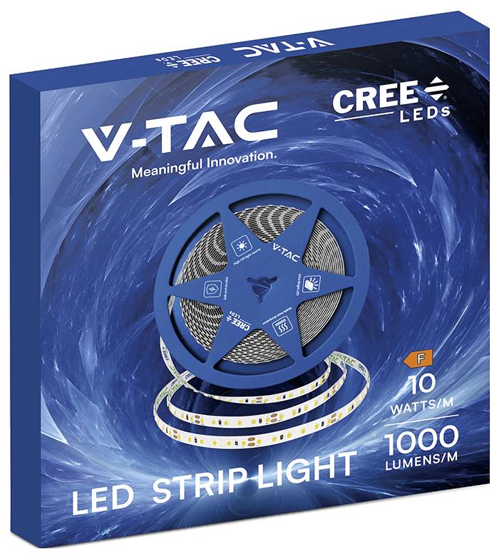 Verpackung für VTAC CREE LEDs LED-Streifenleuchte, zeigt eine blaue Spule und Beschriftungen „10 Watt/m