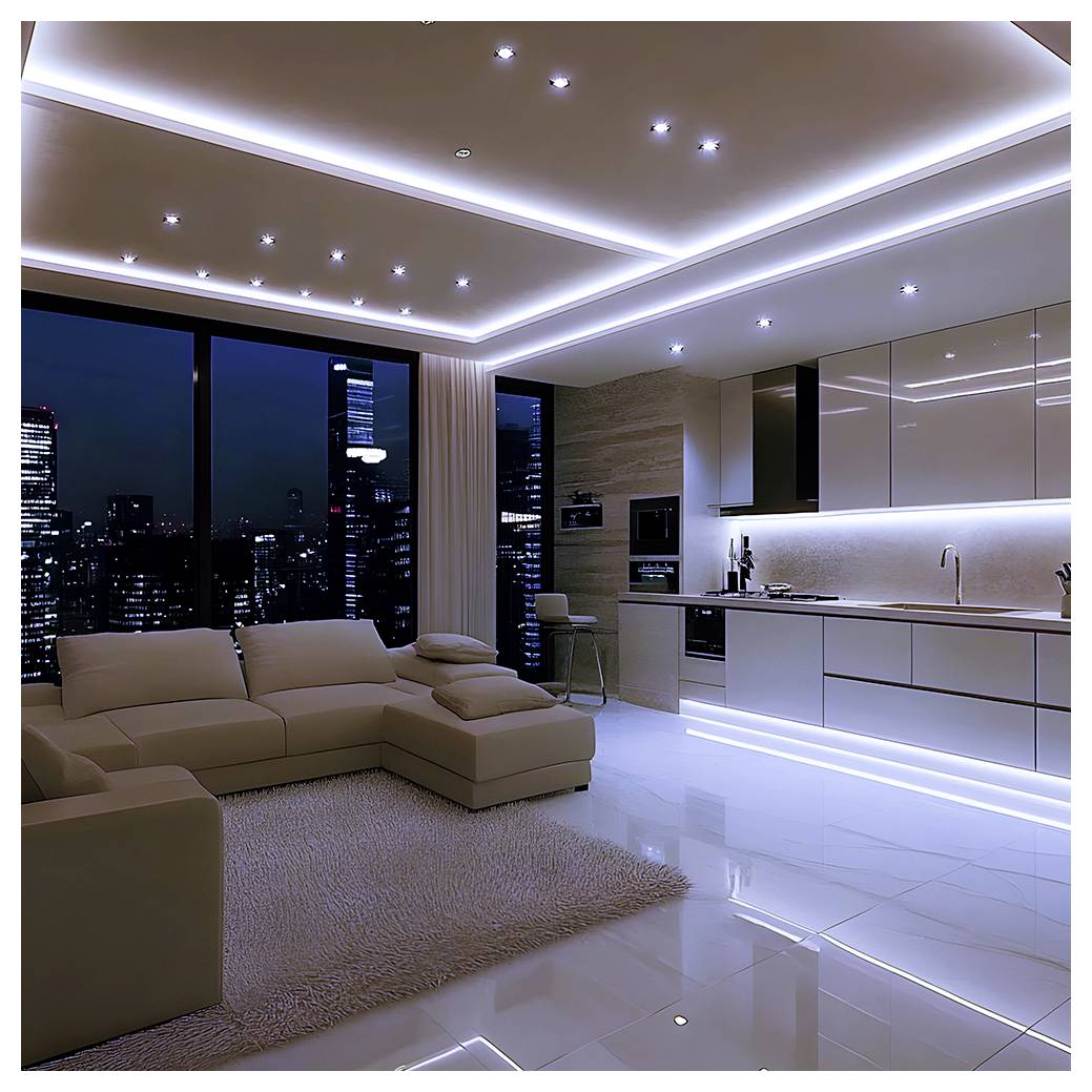 Modernes Apartment mit offener Grundrissgestaltung bei Nacht mit beigem Ecksofa, schlanker Küche, LED-Beleuchtung und Stadtskyline, die durch große Fenster sichtbar ist.