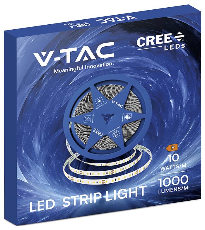 V-TAC LED R63 Glühbirne Produktbox in Blau, zeigt 806 Lumen, 8,5W, 3000K Warmweiß und 60W Äquivalent mit einem Energieetikett.