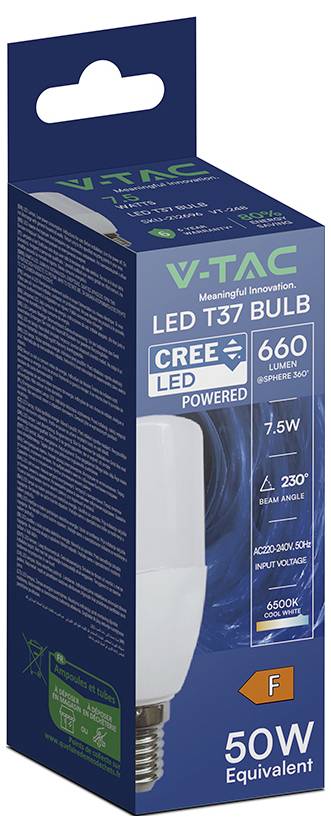 Verpackung für eine VTAC LED T37 Glühbirne, mit 7,5W, 660 Lumen, 230° Abstrahlwinkel, 6500K Kaltwei­ß und 50W Äquivalent.