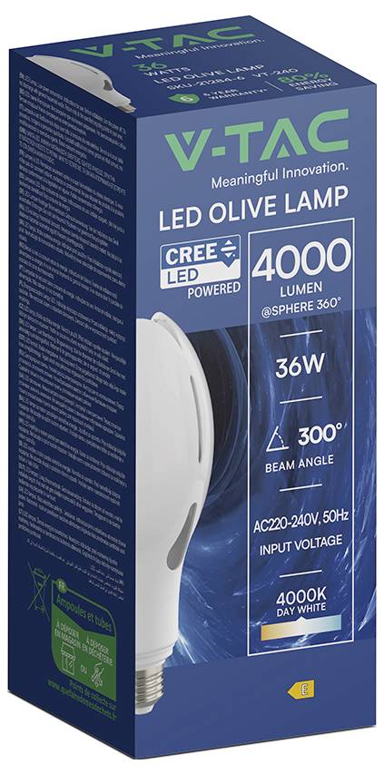 Verpackung für eine V-TAC LED-Olivenleuchte mit CREE LED, 4000 Lumen, 36W, 300° Abstrahlwinkel, AC220-240V, 4000K Tageslicht.