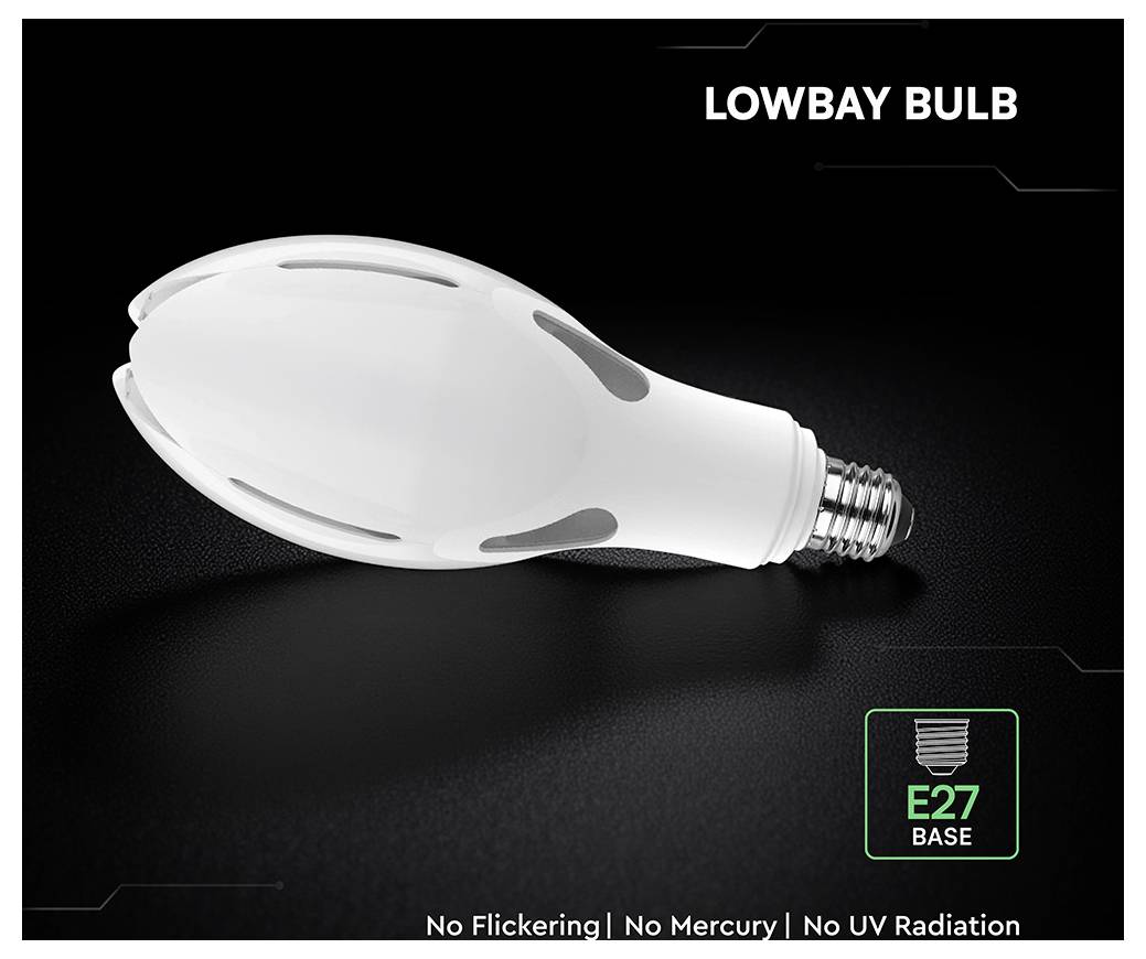 Produktbild einer weißen LED-Lowbay-Leuchte mit der Bezeichnung „LOWBAY BULB