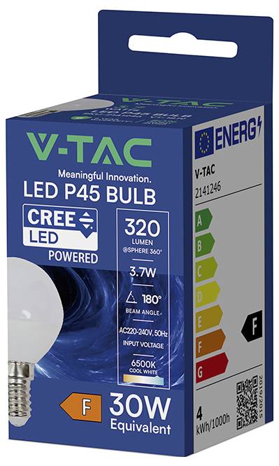 V-TAC V-TAC LED-Leuchtmittelpackung für ein 3,7W, 320-Lumen, 6500K kaltweißes Leuchtmittel, mit 30W-Äquivalent und F-Energieeffizienzklasse.