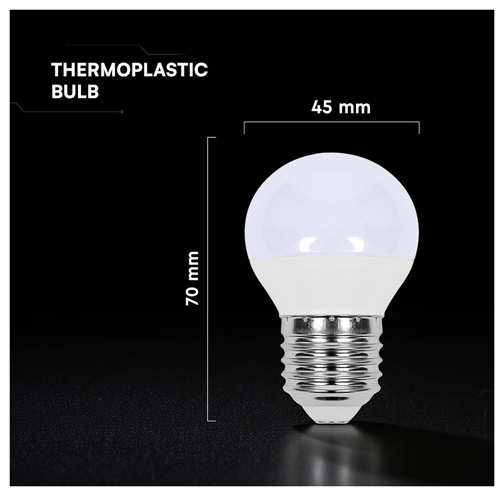Thermoplastische Glühbirne vor schwarzem Hintergrund mit gekennzeichneten Abmessungen von 70 mm Höhe und 45 mm Breite.