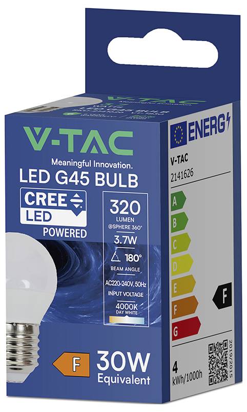 V-TAC LED G45 Glühbirne, 3,7W, 320 Lumen, 4000K Tageslichtweiß, 180° Abstrahlwinkel, Energieklasse F, 30W Äquivalent.