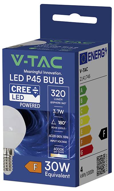 V-TAC LED P45-Glühbirnenverpackung, die eine 3,7W CREE-LED-Glühbirne mit 320 Lumen, 4000K Tageslichtweiß, 30W-Äquivalent und Energieklasse F zeigt.