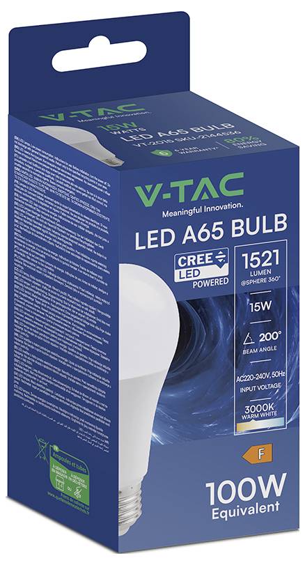 Blaue V-TAC LED A65 Glühbirne in Einzelhandelsverpackung, beschriftet mit „LED A65 BULB