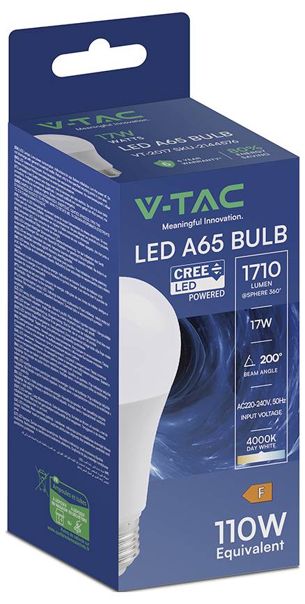 V-TAC LED A65-Glühbirne Produktverpackung, zeigt 17W, 1710 Lumen, 4000K Tageslicht, 200° Abstrahlwinkel und Text „110W-Äquivalent