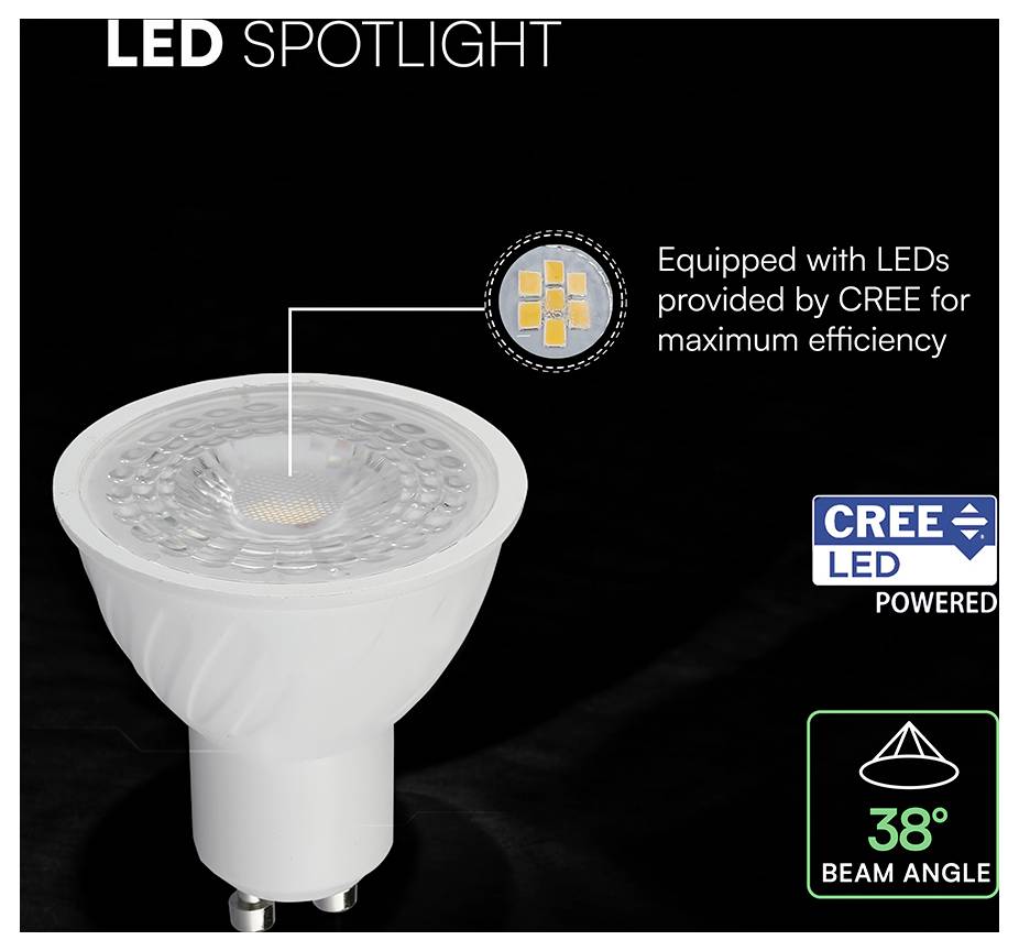 LED-Spotlampe mit CREE-LEDs, dargestellt vor schwarzem Hintergrund mit Text, der maximale Effizienz und einen Abstrahlwinkel von 38° bewirbt.