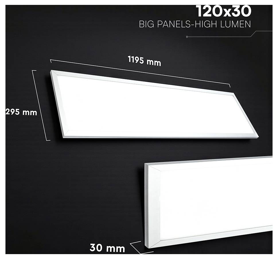 Produktdiagramm einer schlanken rechteckigen LED-Paneelleuchte mit der Bezeichnung „120x30