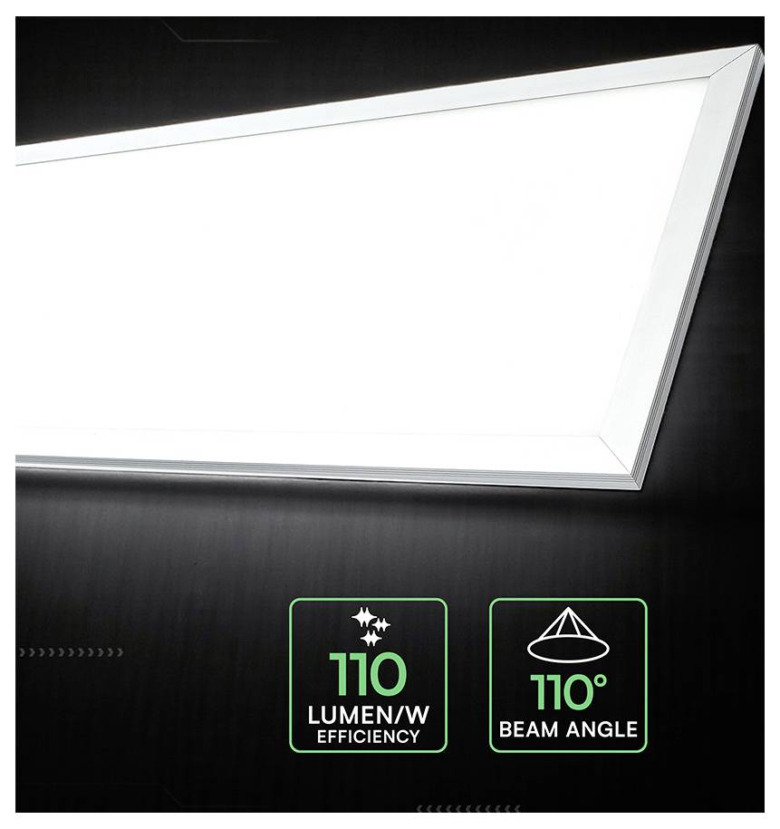 Quadratisches LED-Panellicht mit Beschriftungen „110 LUMEN/W EFFIZIENZ