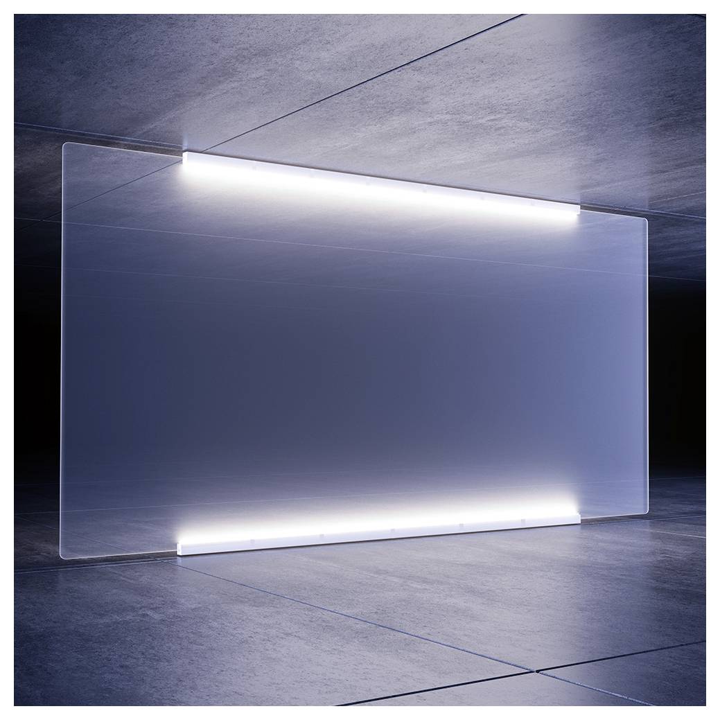LED-Lichtleiste in Weiß mit angeschlossenem Stromkabel auf schwarzem Hintergrund, diagonal dargestellt.