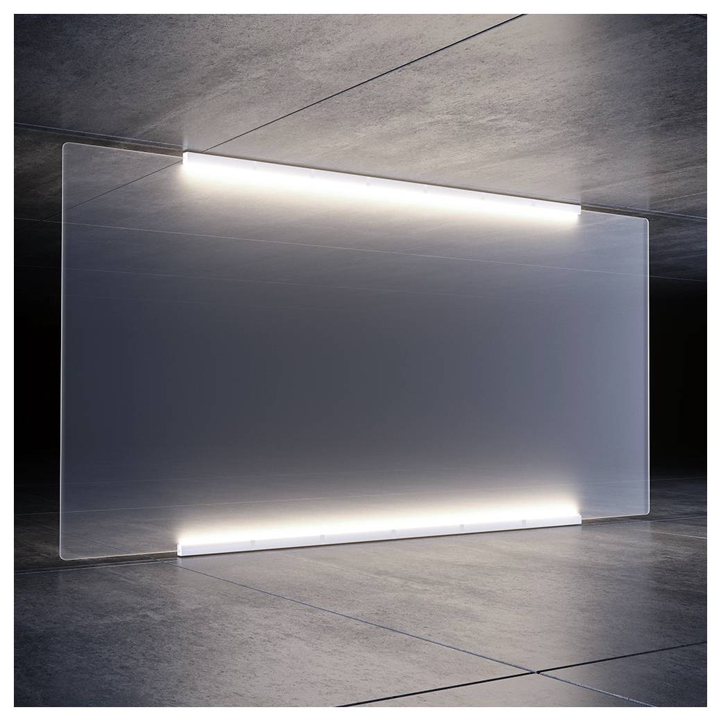 Mattglaspaneel mit leuchtenden Lichtleisten oben und unten, präsentiert in einem modernen Betoninterieur.