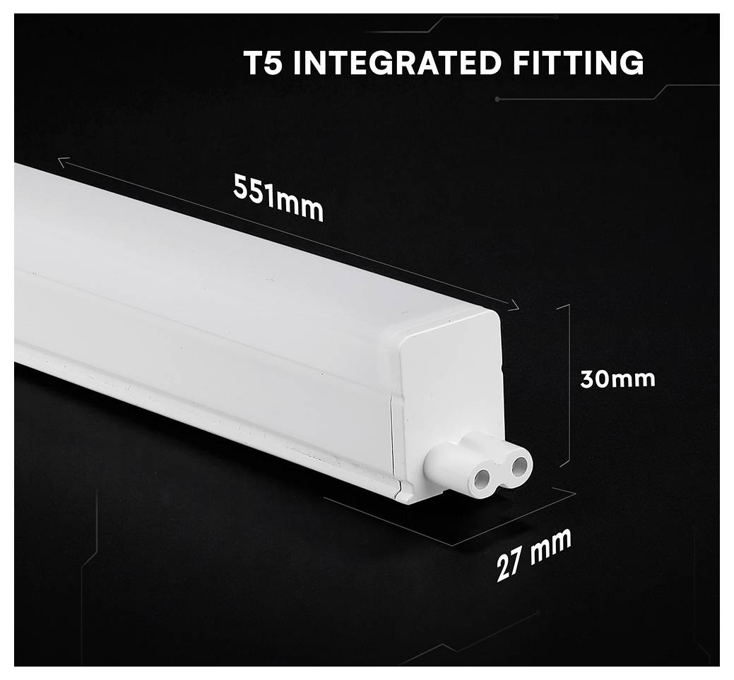 Diagramm einer weißen T5-Integralleuchtarmatur, mit einer Länge von 551 mm, einer Höhe von 30 mm und einer Breite von 27 mm, mit doppeltem Endstecker.