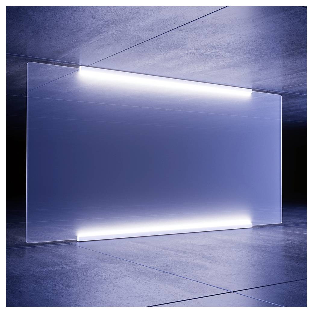 Transparente Glasplatte, die mit hellen weißen Lichtbalken in einem blauen futuristischen Raum leuchtet