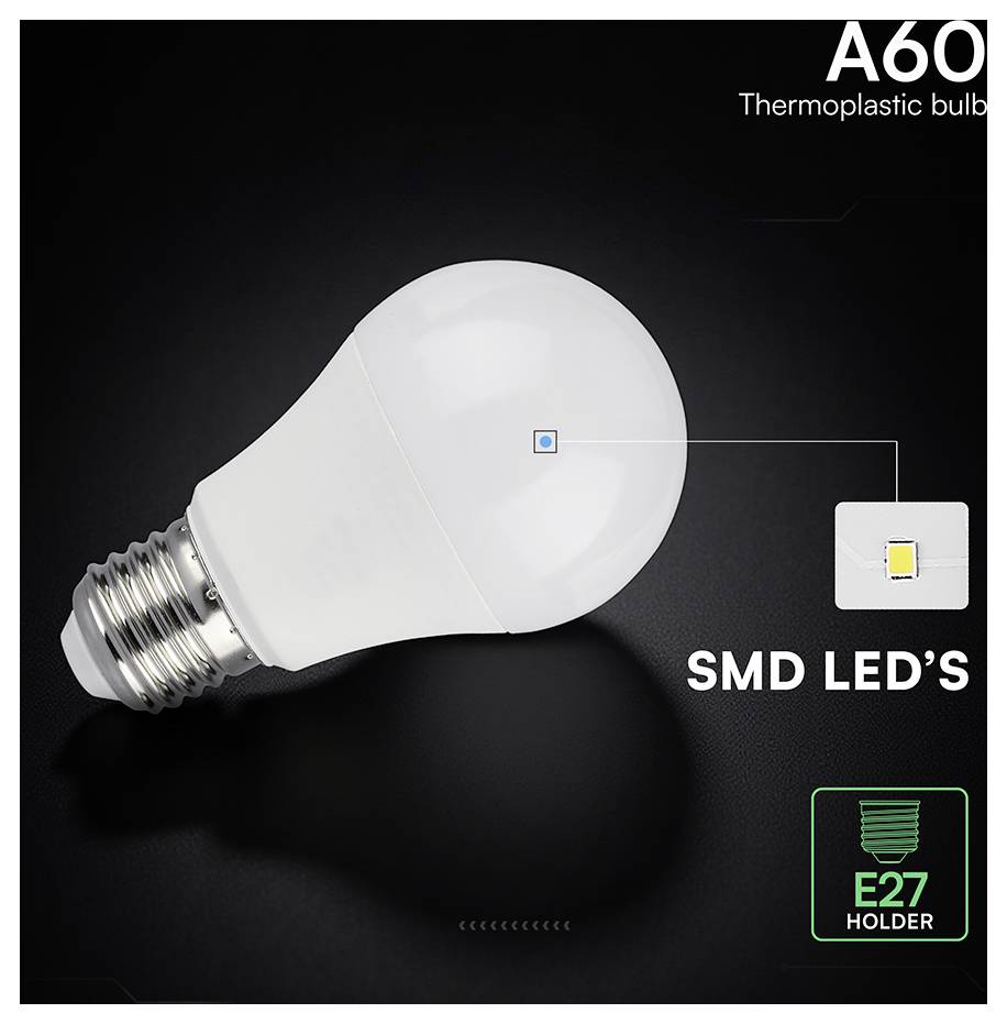 Weiße A60-Glühbirne aus Thermoplast mit E27-Fassung, beschriftet mit SMD-LEDs, auf dunklem Hintergrund mit vergrößerter LED-Chip-Beschriftung gezeigt.