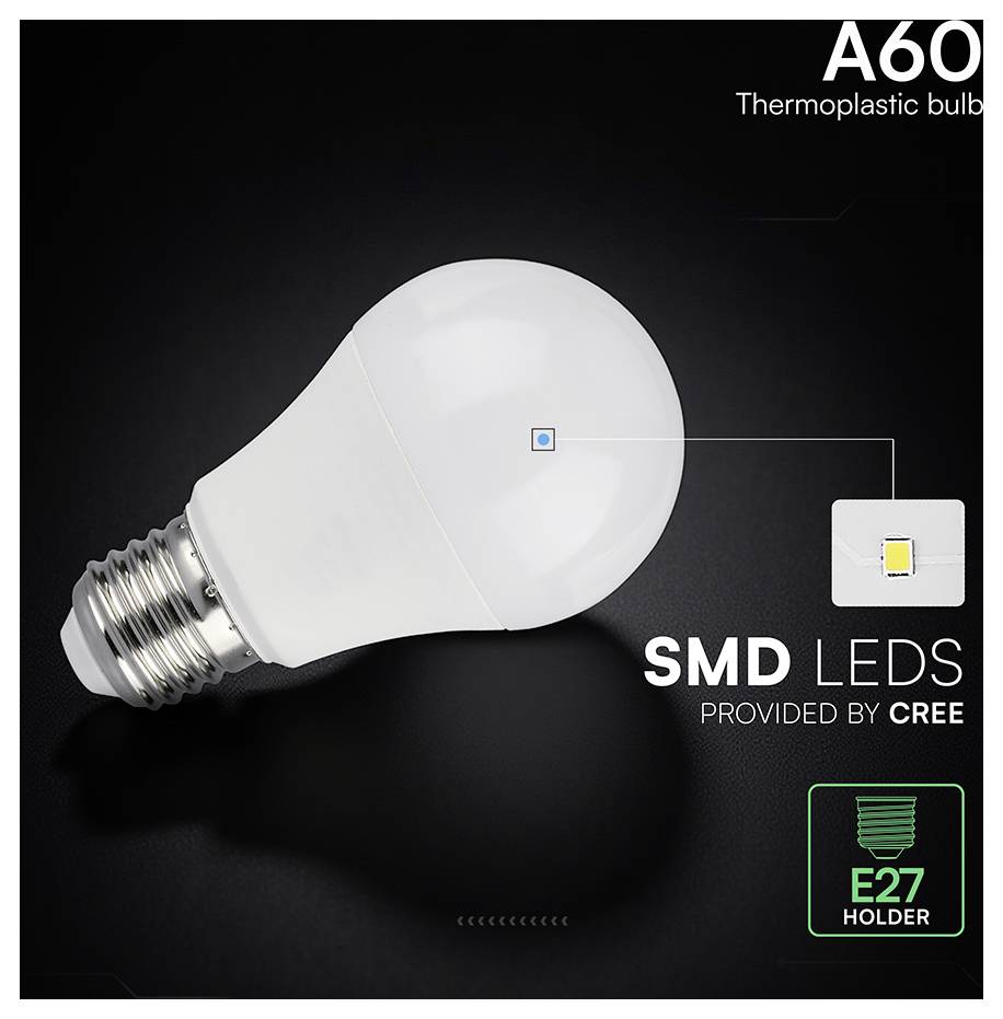 Eine A60-Thermoplastik-LED-Leuchte mit E27-Fassung, gekennzeichnet mit „SMD-LEDs von CREE