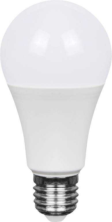 Eine weiße LED-Glühbirne mit mattierter Kuppel und silberner Schraubfassung auf neutralem Hintergrund.