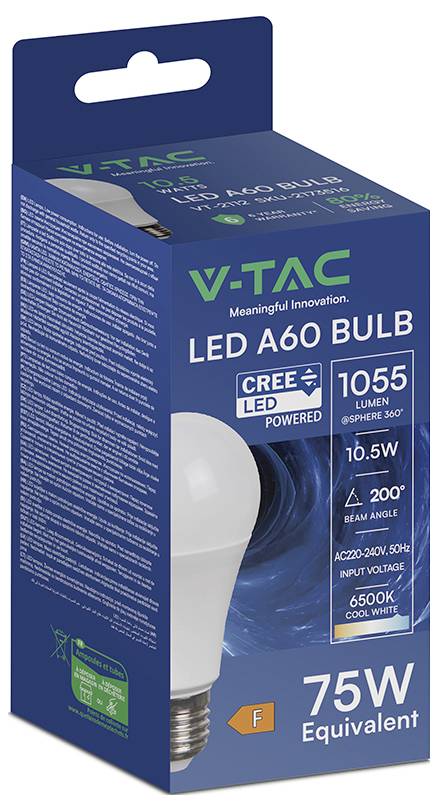 Blaue V-TAC LED-A60-Glühbirne mit Verpackungsetikett „75-W-Äquivalent