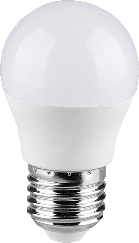Weiße LED-Glühbirne mit einer mattiertem Kuppel und silberner Schraubfassung auf einem einfachen Hintergrund.
