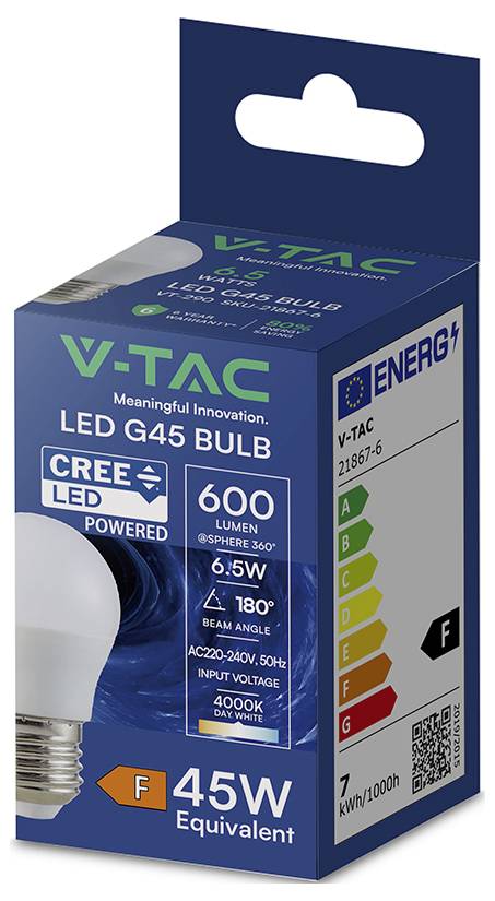 V-TAC LED G45 Glühbirne Box mit einer 0,5W, 600 Lumen Glühbirne mit 45W Äquivalent, 180° Abstrahlwinkel, Energieklasse F und E27 Sockel.