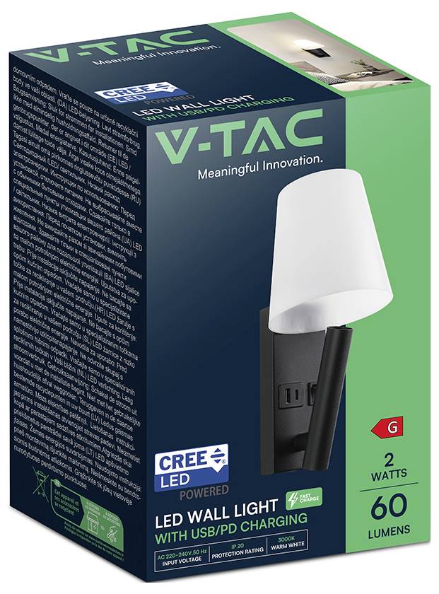 V-TAC LED-Wandleuchte Verpackung mit einer weißen Wandleuchte mit USB/PD-Ladung, 2 Watt, 60 Lumen und CREE-LED-Markierung.
