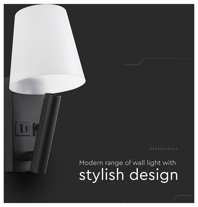 Anzeige für eine moderne Wandleuchte mit weißem Schirm und schwarzem Arm auf dunklem Hintergrund, beschriftet mit „modernes Sortiment an Wandleuchten mit stilvollem Design