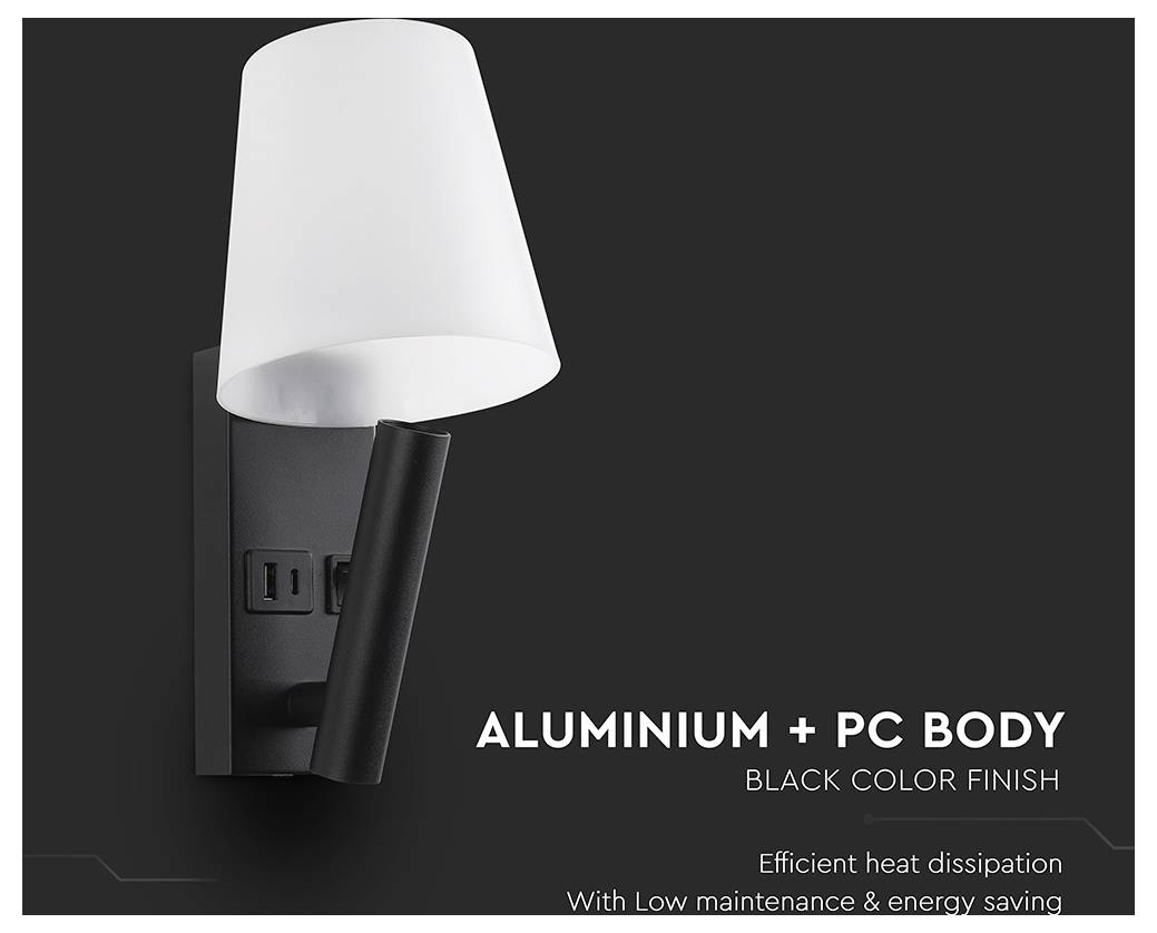 Schwarze Wandleuchte mit weißem Schirm und schwarzem Arm; Text liest sich wie folgt: 'ALUMINIUM + PC GEHÄUSE', 'SCHWARZE FARBOBERFLÄCHE', 'Effiziente Wärmeableitung', 'Mit niedriger Wartung & Energieeinsparung'.