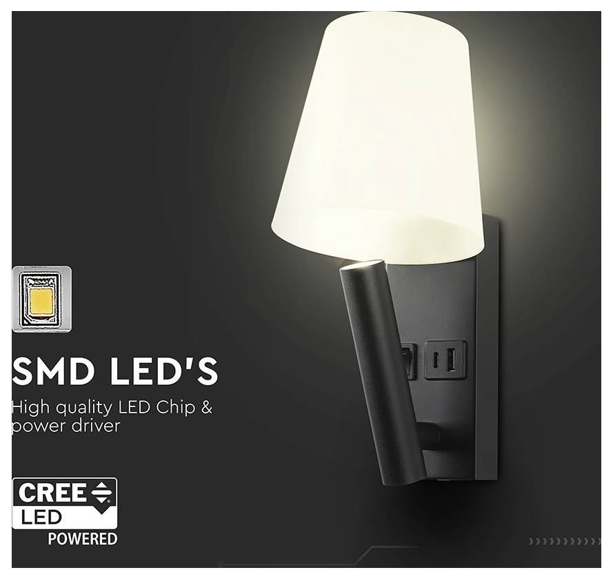 Schwarze Wandleuchte mit weißem Schirm und verstellbarem Arm, gekennzeichnet mit „SMD LED'S