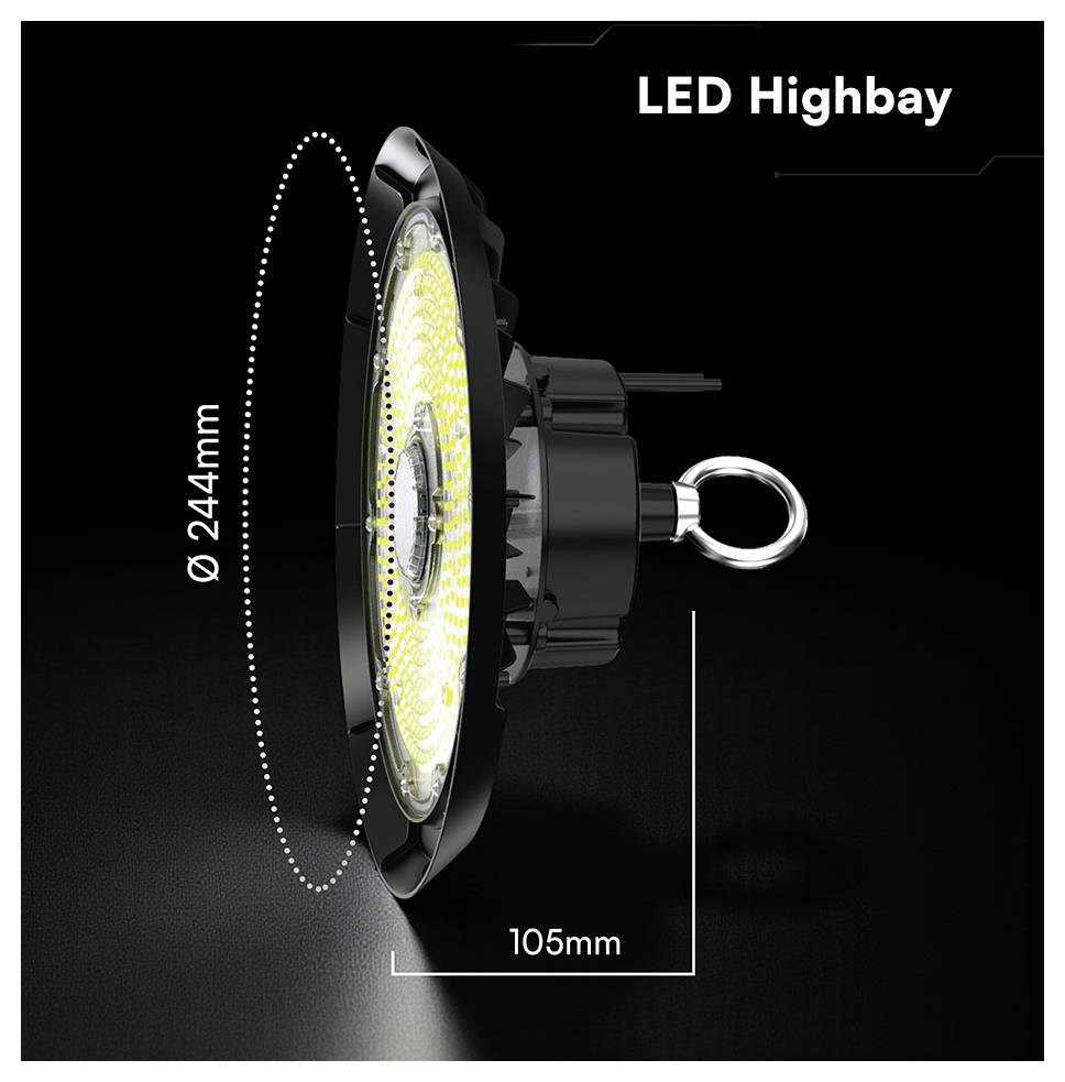 Produktbild einer 'LED Highbay'-Leuchte mit Seitenansicht und Abmessungen: 244 mm Durchmesser und 105 mm Tiefe.