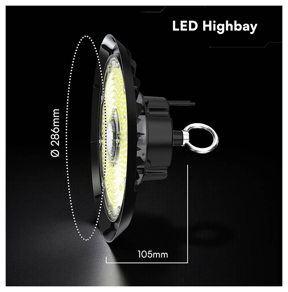 Produktbild einer LED-Hochbuchtenleuchte, Seitenansicht mit Aufhängehaken und beschrifteten Abmessungen: 286 mm Durchmesser und 105 mm Tiefe.