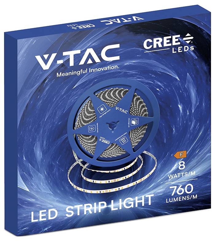 Schachtel mit V-TAC CREE LEDs LED-Streifenleuchte, zeigt eine 5m Spule, 8 Watt pro Meter, 760 Lumen pro Meter, und der Text „Meaningful Innovation.