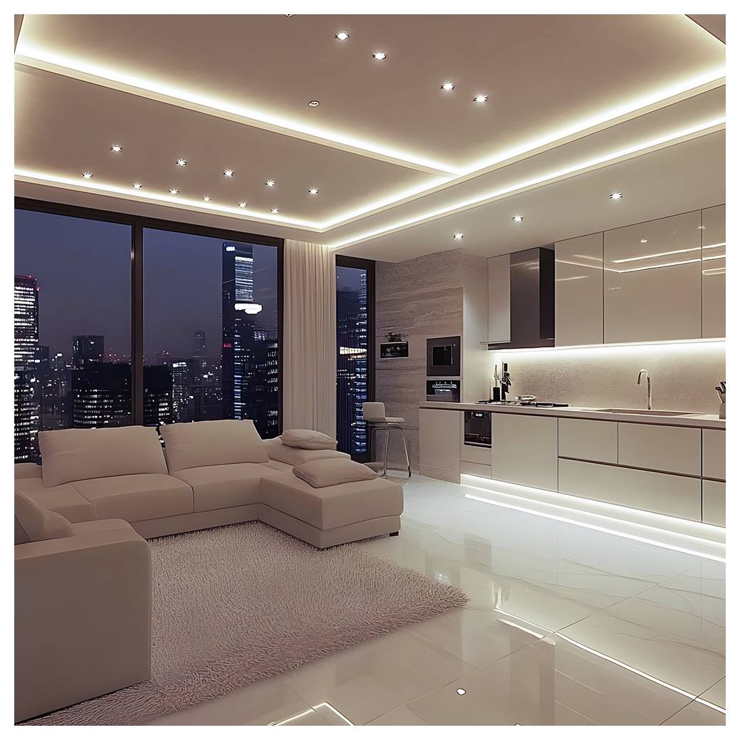 Modernes offenes Wohnzimmer und Küche bei Nacht mit beigem Ecksofa, Stadtsilhouette durch große Fenster und elegante beleuchtete Schränke und Insel.
