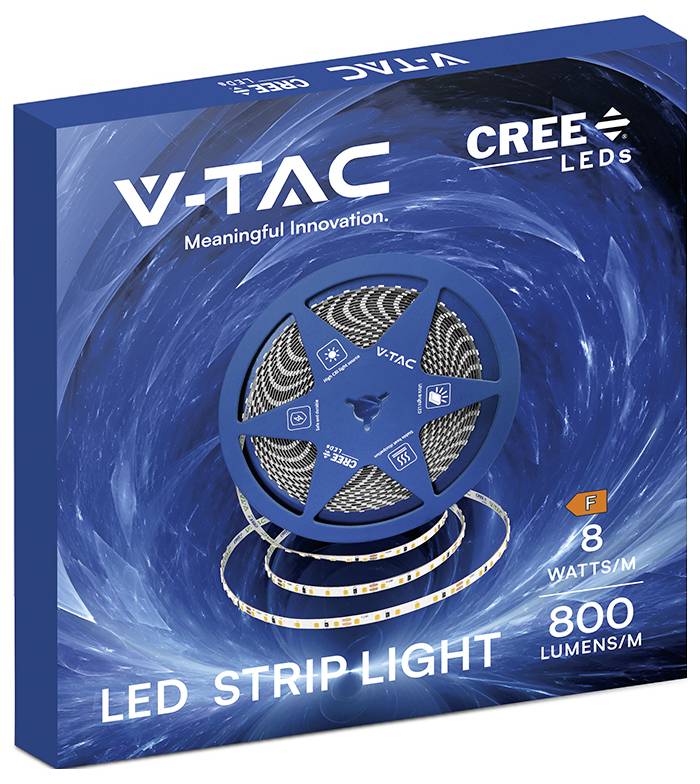 Paket für V-TAC CREE LEDs LED-Streifenleuchte, zeigt eine Spule mit blauer Streifenbeleuchtung und Text „8 Watt/m