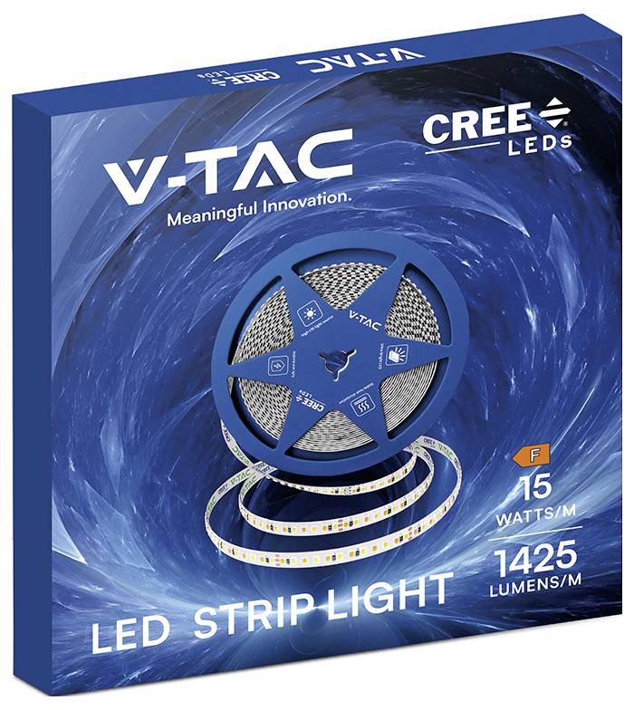 V-TAC CREE LEDs LED-Streifenlicht-Verpackung mit einer Spule Streifenlicht und dem Text „15 WATT/M