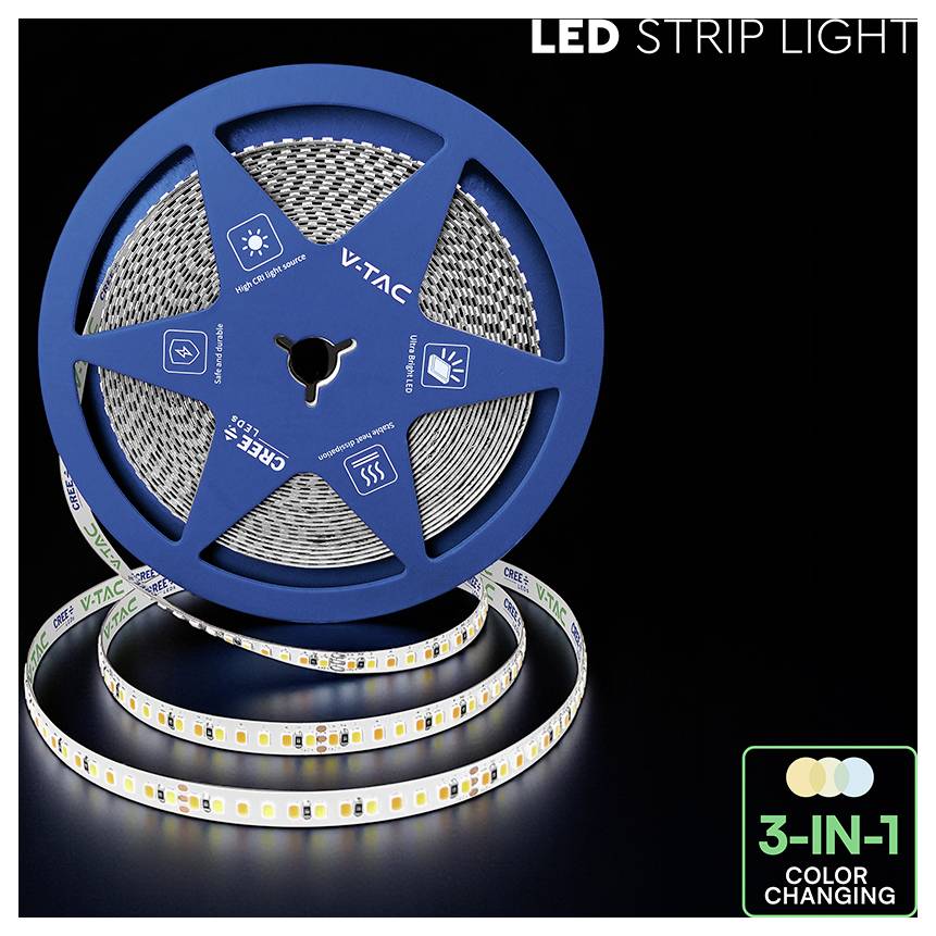 Blaue Spule VTAC LED-Streifenleuchte mit aufgewickeltem RGB-Streifen, Text „LED STRIP LIGHT