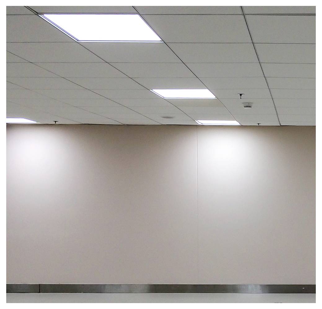 Leeres Büroinneres mit beiger Wand, abgehängten Deckenplatten und Fluoreszenzleuchten; keine Personen oder Möbel.