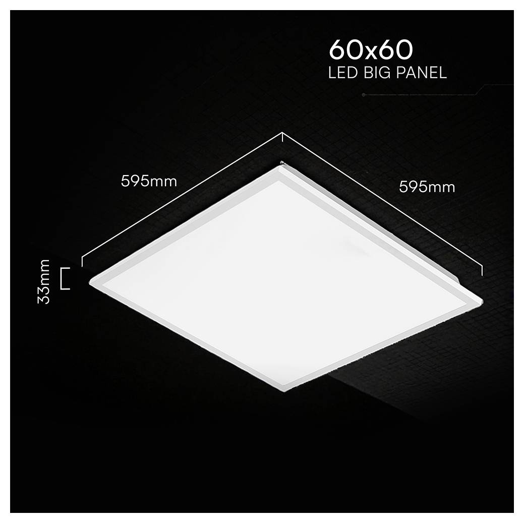 60x60 LED-Großpaneel gezeigt als quadratische weiße Deckenleuchte mit Abmessungen von 595 mm × 595 mm und 33 mm Dicke.