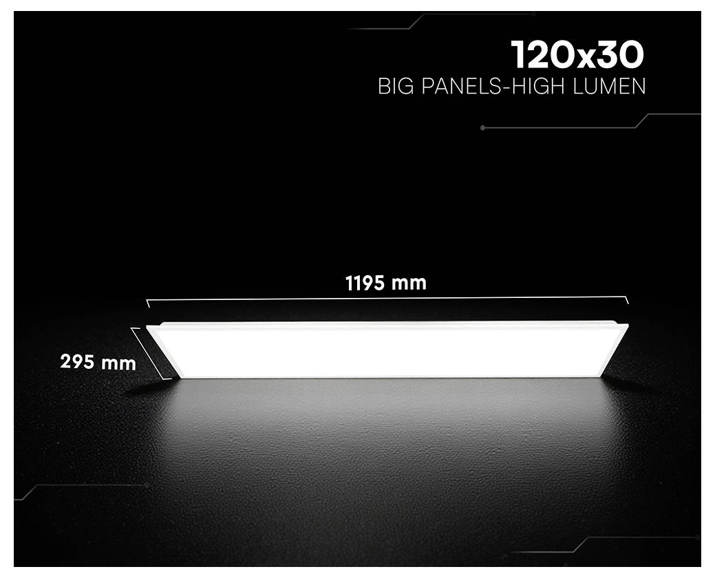 Werbebild eines schlanken rechteckigen LED-Paneelleuchte mit der Bezeichnung „120x30 BIG PANELS-HIGH LUMEN