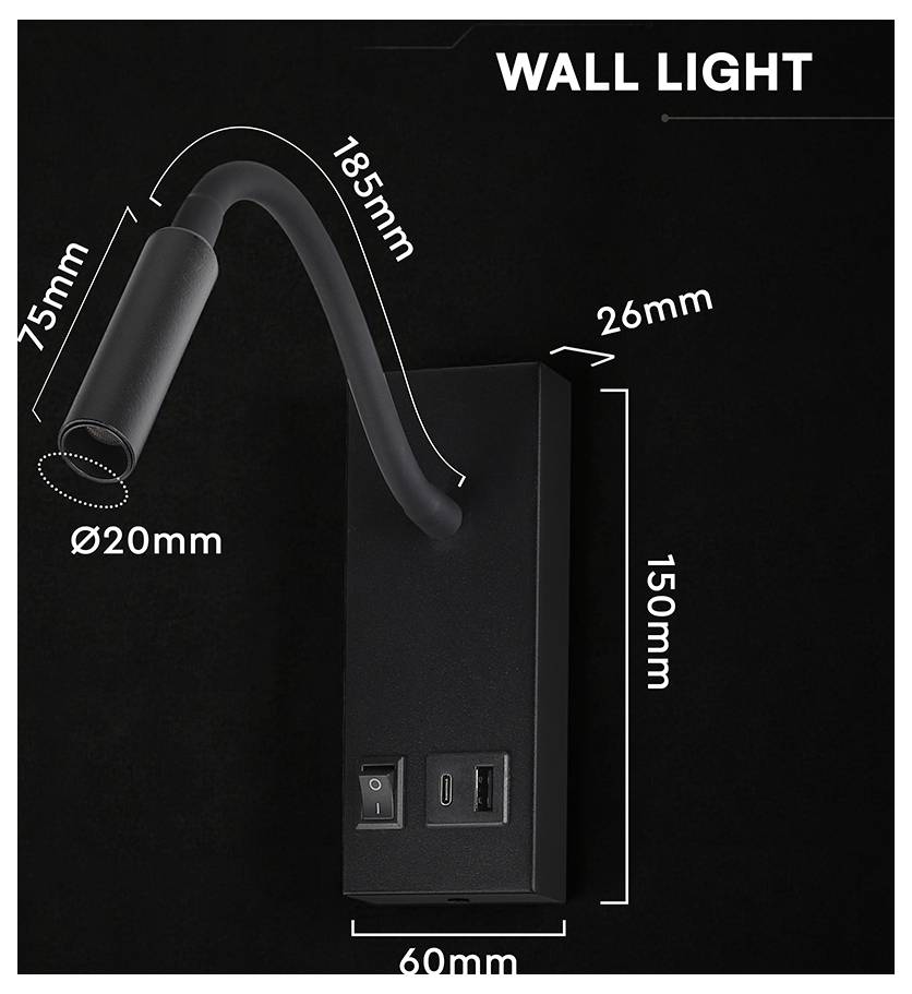Schwarze Wandleuchte mit flexiblem Arm und zylindrischem Lampenkopf, gekennzeichnet mit Abmessungen: 185 mm Arm, 150 mm Gehäuse, 60 mm breit, 26 mm tief, 75 mm Kopf, Ø20 mm Öffnung.