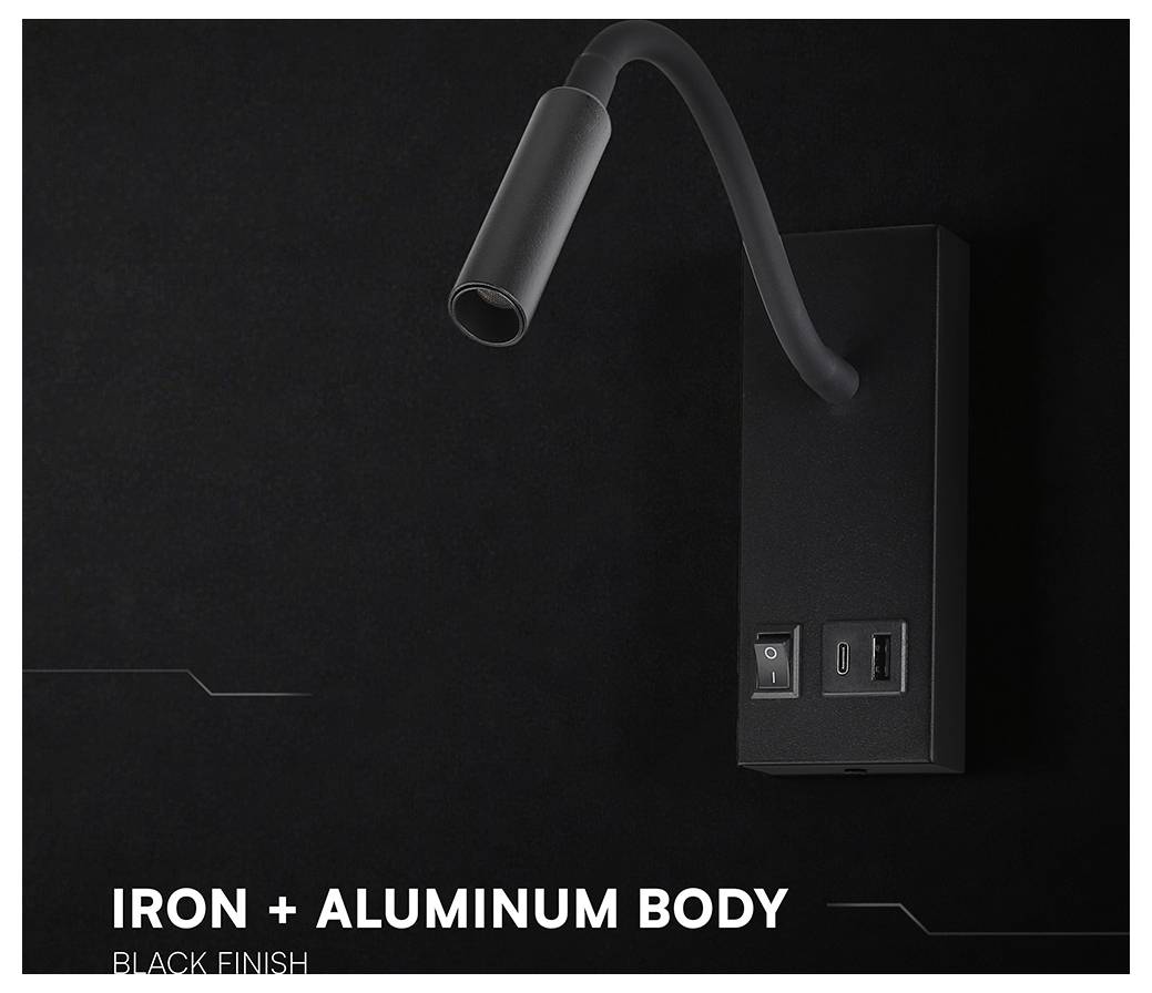 Schwarze wandmontierte Lampe mit flexiblem Schwanenhals und Gehäuse aus Eisen und Aluminium, gezeigt vor dunklem Hintergrund mit dem Text „IRON + ALUMINUM BODY